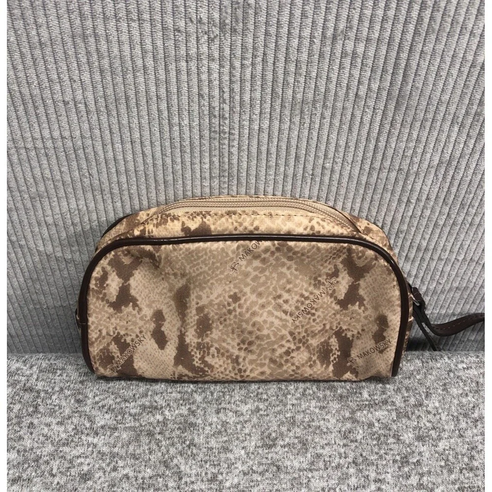 Monogram B Makowsky Small Make Up Bag Faux Brown Snakeskin Print Patent Trim